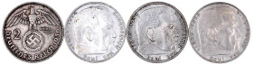 Klein/- und Kursmünzen
2 Reichsmark Hindenburg, Silber 1936-1939
4 X 2 Mark Hindenburg: 1936 D, E, G, J. Kompletter Jahrgang. sehr schön bis gutes v...