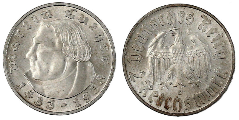 Gedenkmünzen
2 Reichsmark Luther
1933 D. fast Stempelglanz, Prachtexemplar. Ja...