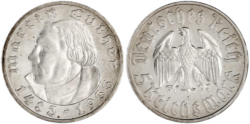 Gedenkmünzen
5 Reichsmark Luther
1933 A. Geringe Auflage. Polierte Platte, Pra...