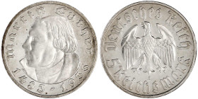 Gedenkmünzen
5 Reichsmark Luther
1933 A. Geringe Auflage. Polierte Platte, Prachtexemplar. Jaeger 353.