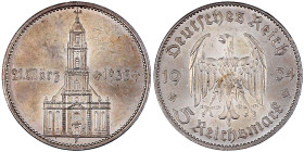 Gedenkmünzen
5 Reichsmark Garnisonskirche mit Datum 1934
1934 F. vorzüglich/Stempelglanz, winz. Kratzer. Jaeger 356.