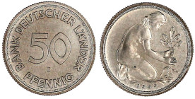 Kursmünzen
50 Pfennig, Kupfer/Nickel 1949-2001
1949 D Polierte Platte, selten. Jaeger 379.