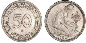 Kursmünzen
50 Pfennig, Kupfer/Nickel 1949-2001
1950 G, Bank Deutscher Länder. fast Stempelglanz. Jaeger 379.