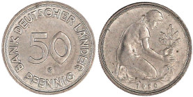 Kursmünzen
50 Pfennig, Kupfer/Nickel 1949-2001
1950 G, Bank Deutscher Länder. vorzüglich. Jaeger 379.