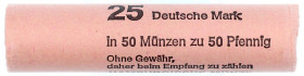 Kursmünzen
50 Pfennig, Kupfer/Nickel 1949-2001
Originalrolle zu 50 Stück 1995 J. Papier mit handschr. Vermerk. Polierte Platte. Jaeger 384a (50).