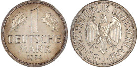 Kursmünzen
1 Deutsche Mark Kupfer/Nickel 1950-2001
1954 J. fast Stempelglanz, Prachtexemplar, sehr selten in dieser Erhaltung. Jaeger 385.