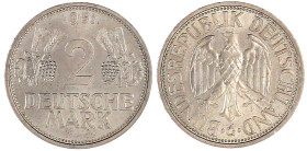 Kursmünzen
2 Deutsche Mark Ähren, Kupfer/Nickel 1951
1951 G. fast Stempelglanz, Prachtexemplar. Jaeger 386.