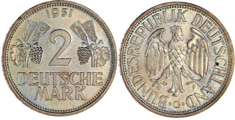 Kursmünzen
2 Deutsche Mark Ähren, Kupfer/Nickel 1951
1951 G. fast Stempelglanz...