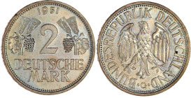 Kursmünzen
2 Deutsche Mark Ähren, Kupfer/Nickel 1951
1951 G. fast Stempelglanz, Prachtexemplar. Jaeger 386.