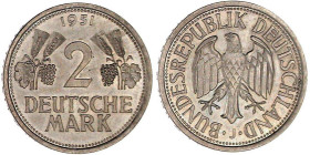 Kursmünzen
2 Deutsche Mark Ähren, Kupfer/Nickel 1951
1951 J. Stempelglanz, Prachtexemplar. Jaeger 386.