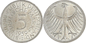 Kursmünzen
5 Deutsche Mark Silber 1951-1974
1959 J. vorzüglich/Stempelglanz, winz. Kratzer. Jaeger 387.