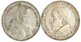 Gedenkmünzen
5 Deutsche Mark, Silber, 1952-1979
2 Stück: Markgraf v. Baden 1955, Eichendorff 1957. beide vorzüglich. Jaeger 390,391.