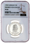 Gedenkmünzen
5 Deutsche Mark, Silber, 1952-1979
Schiller 1955 F. Im NGC-Blister mit Grading PF 64. Polierte Platte, leicht berührt. Jaeger 389.