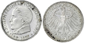 Gedenkmünzen
5 Deutsche Mark, Silber, 1952-1979
Eichendorff 1957 J. Polierte Platte, kl. Kratzer und min. berieben. Jaeger 391.