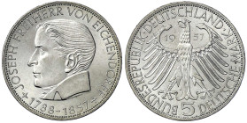 Gedenkmünzen
5 Deutsche Mark, Silber, 1952-1979
Eichendorff 1957 J. fast Stempelglanz, Prachtexemplar. Jaeger 391.