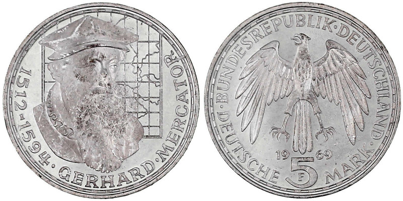 Gedenkmünzen
5 Deutsche Mark, Silber, 1952-1979
Mercator 1969 F. Mit langem "R...