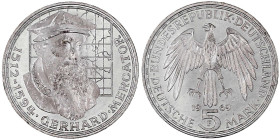 Gedenkmünzen
5 Deutsche Mark, Silber, 1952-1979
Mercator 1969 F. Mit langem "R". fast Stempelglanz. Jaeger 400 var.