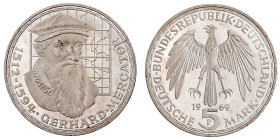 Gedenkmünzen
5 Deutsche Mark, Silber, 1952-1979
Mercator 1969 F. Mit langem "R". fast Stempelglanz. Jaeger 400 var.