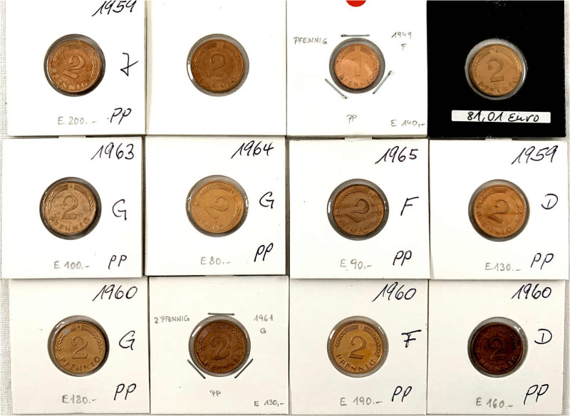 Lots Bundesrepublik
12 frühe Kleinmünzen in PP: 1 Pf. 1949 F, 2 Pf. 1958 D, 195...