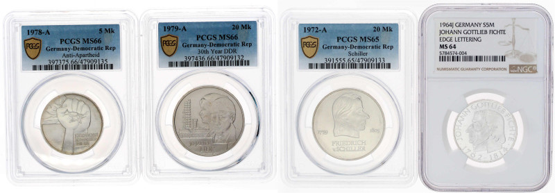 Lots
4 gegradete Münzen: 20 Mark Schiller 1972 PCGS/MS 65, 5 Mark Antiapartheid...