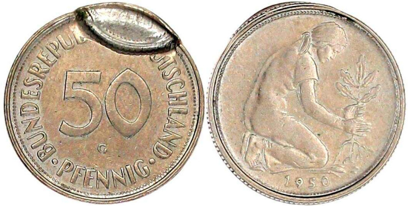 Bundesrepublik Deutschland
50 Pfennig 1950 G, mit eins. Teilprägung einer zweit...