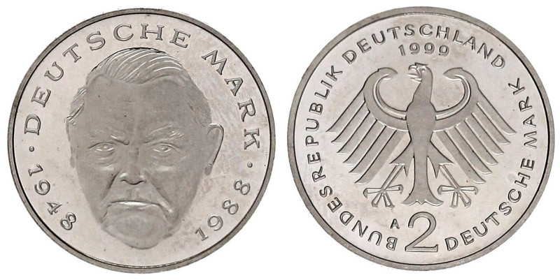 Bundesrepublik Deutschland
2 Deutsche Mark 1999 A. Ludwig Erhard mit schwacher ...