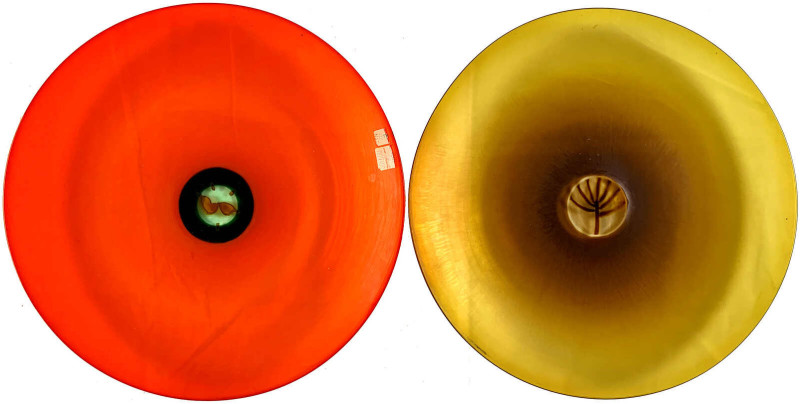 Glas
2 Designer-Schalen Venini Murano "Vetri": rot (1982/1983) und gelb (1980)....