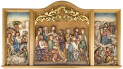 Religion
Christliche Sakralkunst
Riesiges koloriertes Holzrelief: 3 versch. Szenen Jesu aus dem Neuen Testament. 175 cm x 102 cm. Kunstwerkstätte St...