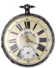 Uhren
Taschenuhren
Alpenländische Herrentaschenuhr, vor 1886. Silbergehäuse (ohne Gehaltspunze, Herstellerangabe ligiertes AV). Hundegravur. Werk Zy...