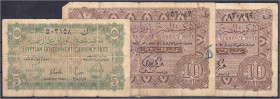 Ausland
Ägypten
Egyptian Government, 5 u. 2x 10 Piaster 1940 III- / IV+ (1x mit Briefmarken hinterklebt) Pick 163, 166.