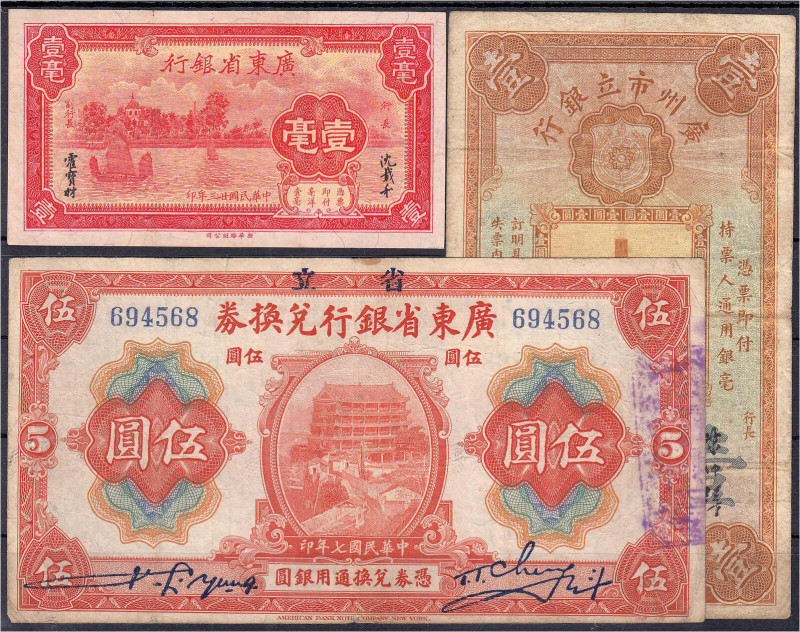 Ausland
China
3 Stück: Provincial bank of Kwangtung Province zu 5 Dollar 1918,...