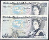 Ausland
Grossbritannien
Bank von England, 2x 5 Pounds o.D. 1978-1991. Folge KN. BS21 021249 - BS21 021250. I- / II+ Pick 378b.