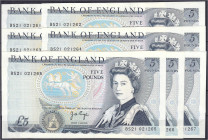 Ausland
Grossbritannien
Bank von England, 7x 5 Pounds o.D. 1978-1991. Fortlaufende KN. BS21 021261 - BS21 021267. I- / II+ Pick 378b.