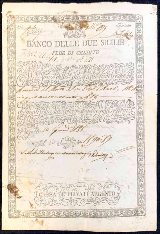 Ausland
Italien-Neapel
Kreditschein der Banco delle due Sicilie 1806. Cassa de...