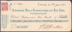Ausland
Niederlande
Niederländische Bank und Kreditvereinigung von Südafrika, Scheck zu 13 Pounds / 2 Shillings / 3 Pence 28.7.1894. III, kl. Stelle...