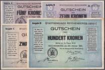 Ausland
Österreich
Stadtgemeinde Reichenberg: 5, 10, 20 und 100 Kronen Gutscheine 30.10.1918. I- und III. Richter 88a-d.