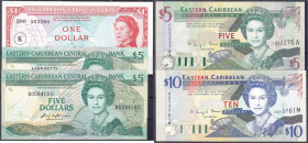 Ausland
Ostkaribik
5 Scheine zu 1, 3 X 5 und 10 Dollar o.D. (1965 -1993). I / I- Pick 13, 2x 22, 26, 27.
