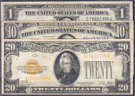 Ausland
Vereinigte Staaten von Amerika
1, 10 und 20 Dollars mit gelbem Siegel 1928, 1934 u. 1935. III. Pick 401, 415Y, 416.