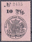 Altdeutschland
Mecklenburg-Strelitz
10 Pfg. Gutschein der Residenzstadt Neustrelitz o.D. (28.6.1893). KN 3,5 mm hoch. Ausgegeben zur Goldenen Hochze...