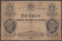 Altdeutschland
Sachsen
1 Thaler 2.3.1867. Königlich Sächsische Cassenbillets 1818 - 1867. Lit. A. IV. Pick S629. Grabowski/Kranz 462.