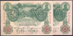 Die deutschen Banknoten ab 1871 nach Rosenberg
Deutsches Reich, 1871-1945
2x 50 Mark 10.3.1906. KN. 6-stellig, Udr.-Bst.: Y, Serie A und C. II- / II...