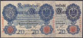 Die deutschen Banknoten ab 1871 nach Rosenberg
Deutsches Reich, 1871-1945
2x 20 Mark 7.2.1908. Udr.-Bst./Serien: A/D und K/C. II / II+ Rosenberg 31....