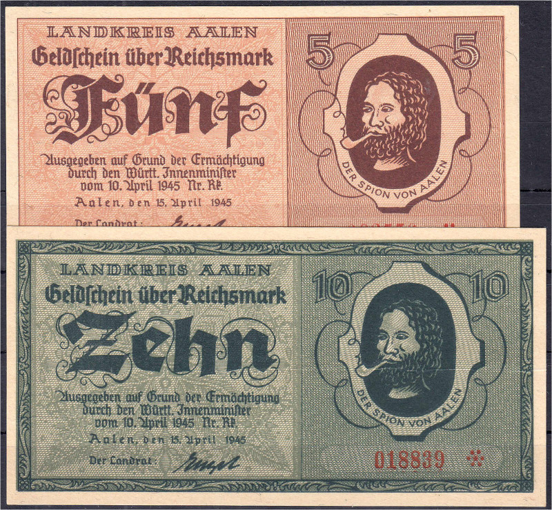 Deutsches Notgeld und KGL
Aalen (Württemberg)
5 u. 10 Reichsmark 15.4.1945. KN...