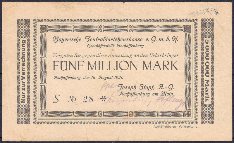 Deutsches Notgeld und KGL
Aschaffenburg (Bayern)
Joseph Stapf A.-G., 5 Mio. Ma...