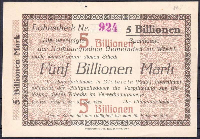 Deutsches Notgeld und KGL
Bielstein (Rhl) Gemeinde
Gemeinde, 5 Bio. Mark 3.11....