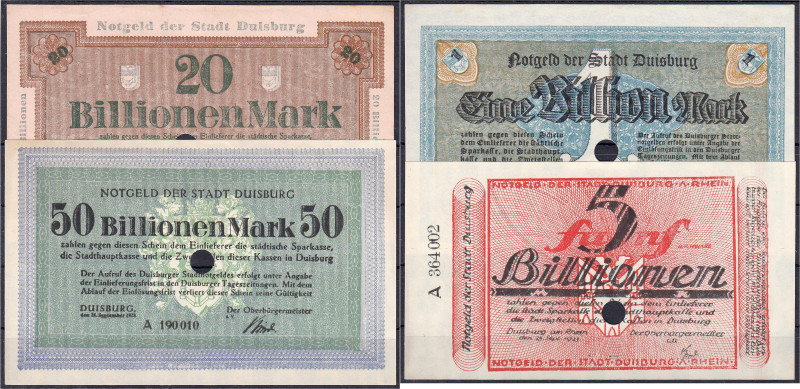 Deutsches Notgeld und KGL
Duisburg (Rheinland)
Stadt, 1, 5, 20 und 50 Bio. Mar...