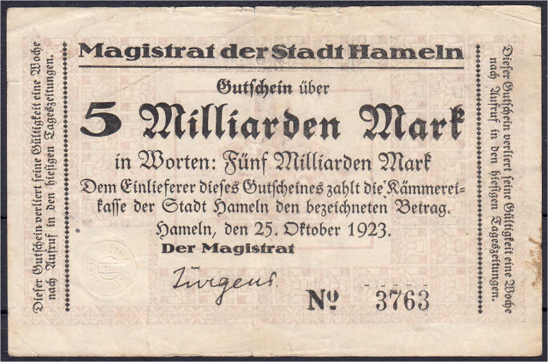 Deutsches Notgeld und KGL
Hameln (Hannover)
Stadt, 5 Mrd. Mark 25.10.1923. III...