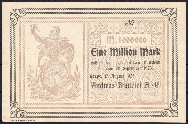 Deutsches Notgeld und KGL
Haspe (Westfalen)
Andreas-Brauerei A.-G., 1 Mio. Mar...