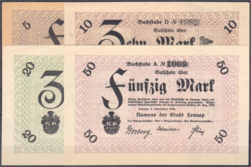 Deutsches Notgeld und KGL
Lennep (Rheinland)
Stadt, 4 Scheine zu 5, 10, 20 u. ...