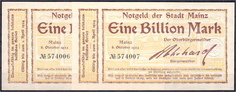 Deutsches Notgeld und KGL
Mainz (Hessen)
Stadt, 2x 1 Bio. Mark 8.10.1923. Wz. ...